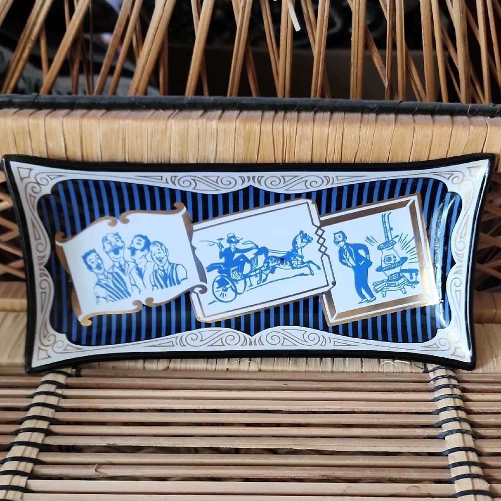 Vintage Bent Edge Manly Pursuits Blue/ Black/White Glass Gilded Tray